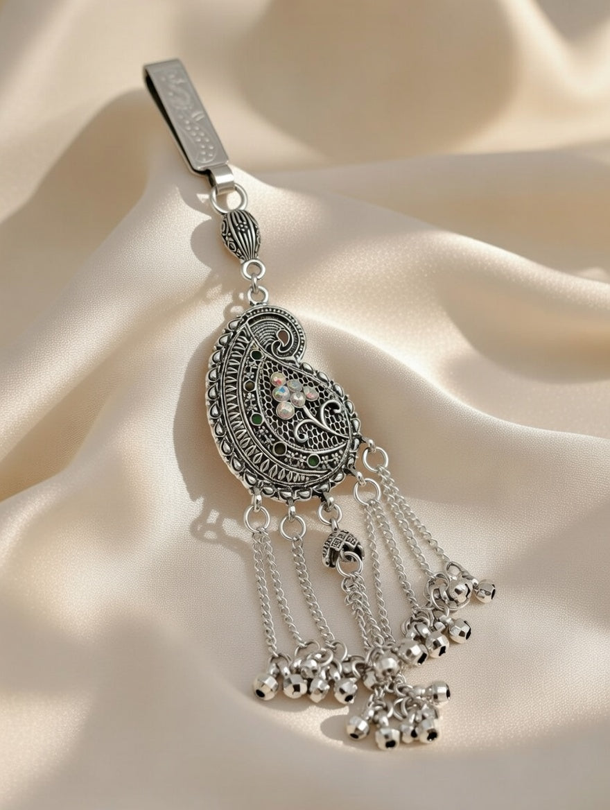 Vintage Style Silver Oxidized Waist Keychain Paisley Filigree Design