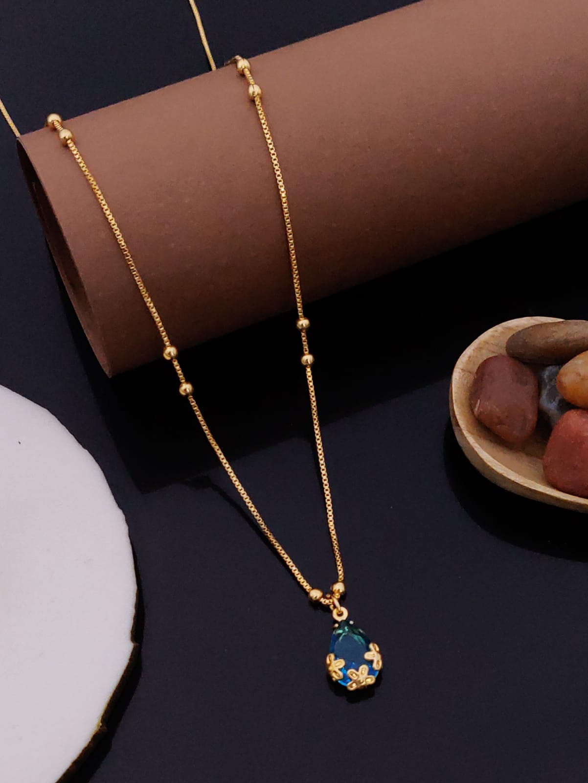 Vihal Ornaments Elegant Ruby Blue Crystal Pendant Necklace Set with Matching Drop Earrings
