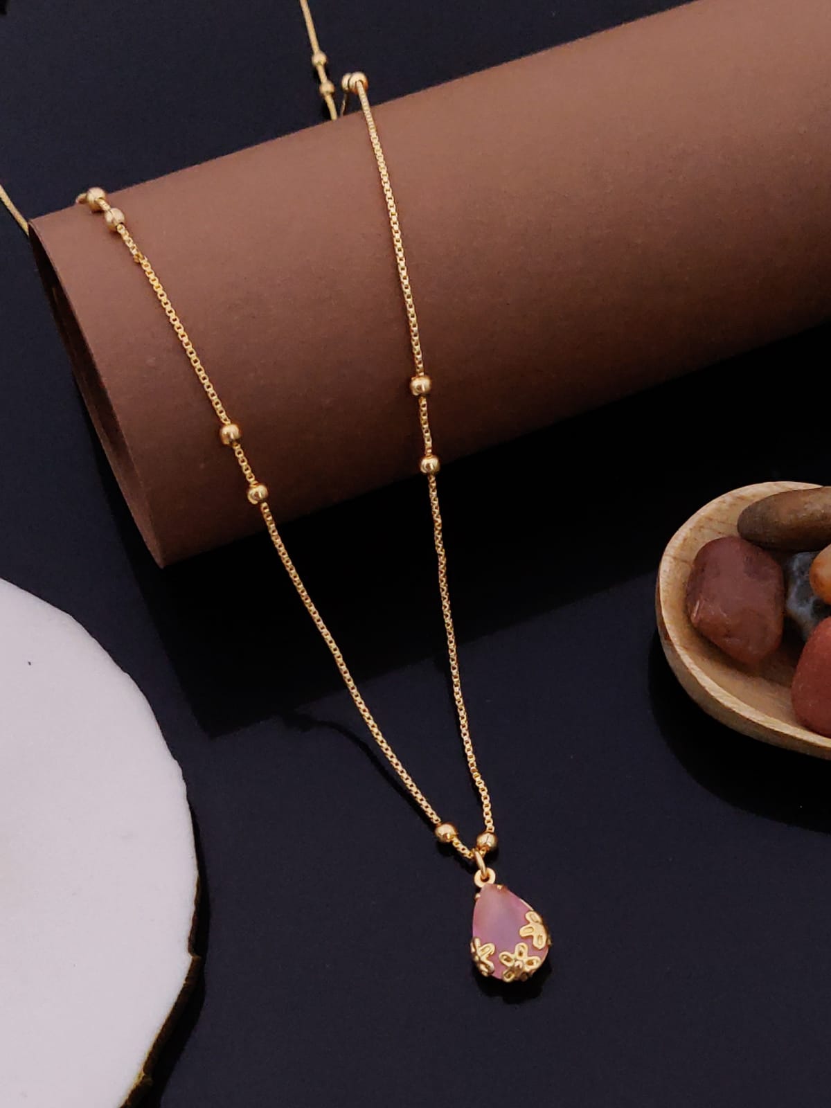 Vihal Ornaments Elegant Ruby Pink Crystal Pendant Necklace Set with Matching Drop Earrings