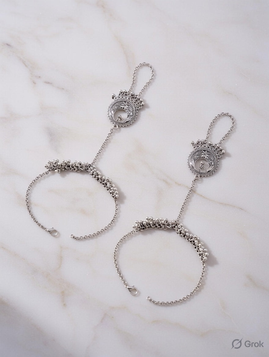 Antique Oxidised Silver Ghungroo Hathphool | Traditional Floral Motif Hand Harness for Women & Girls