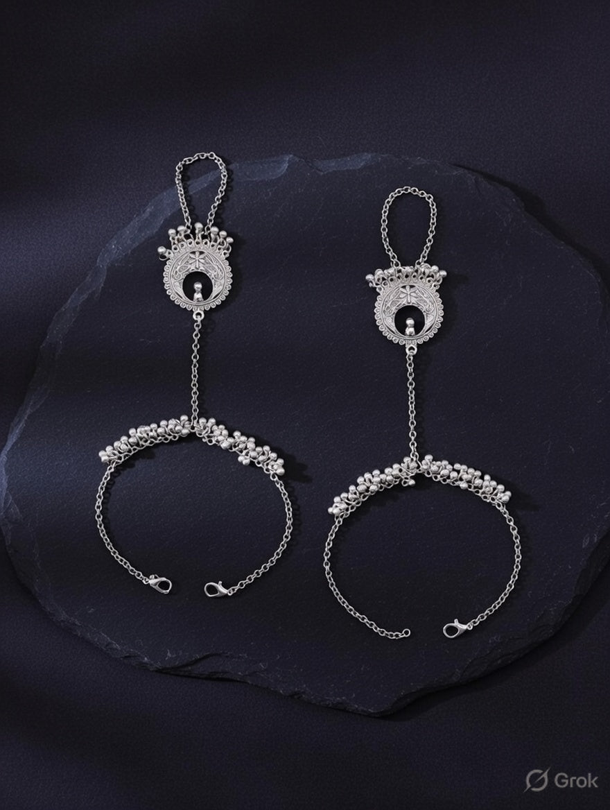 Antique Oxidised Silver Ghungroo Hathphool | Traditional Floral Motif Hand Harness for Women & Girls