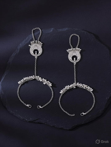 Antique Oxidised Silver Ghungroo Hathphool | Traditional Floral Motif Hand Harness for Women & Girls