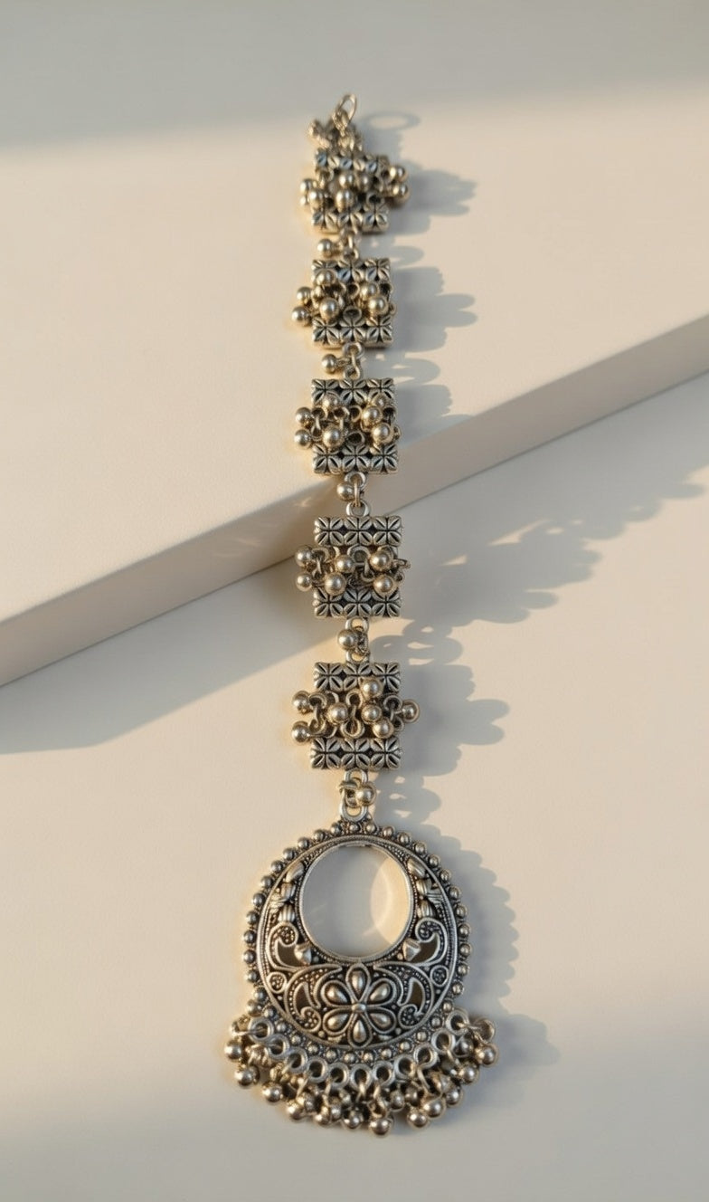 Oxidised Silver Floral Maang Tikka with Ghungroo Hangings Ethnic Tribal Style