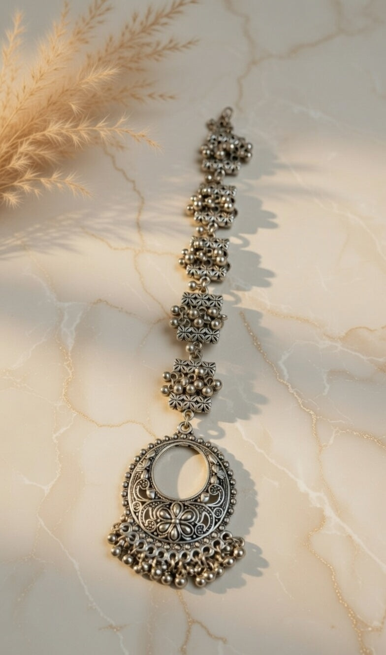 Oxidised Silver Floral Maang Tikka with Ghungroo Hangings Ethnic Tribal Style