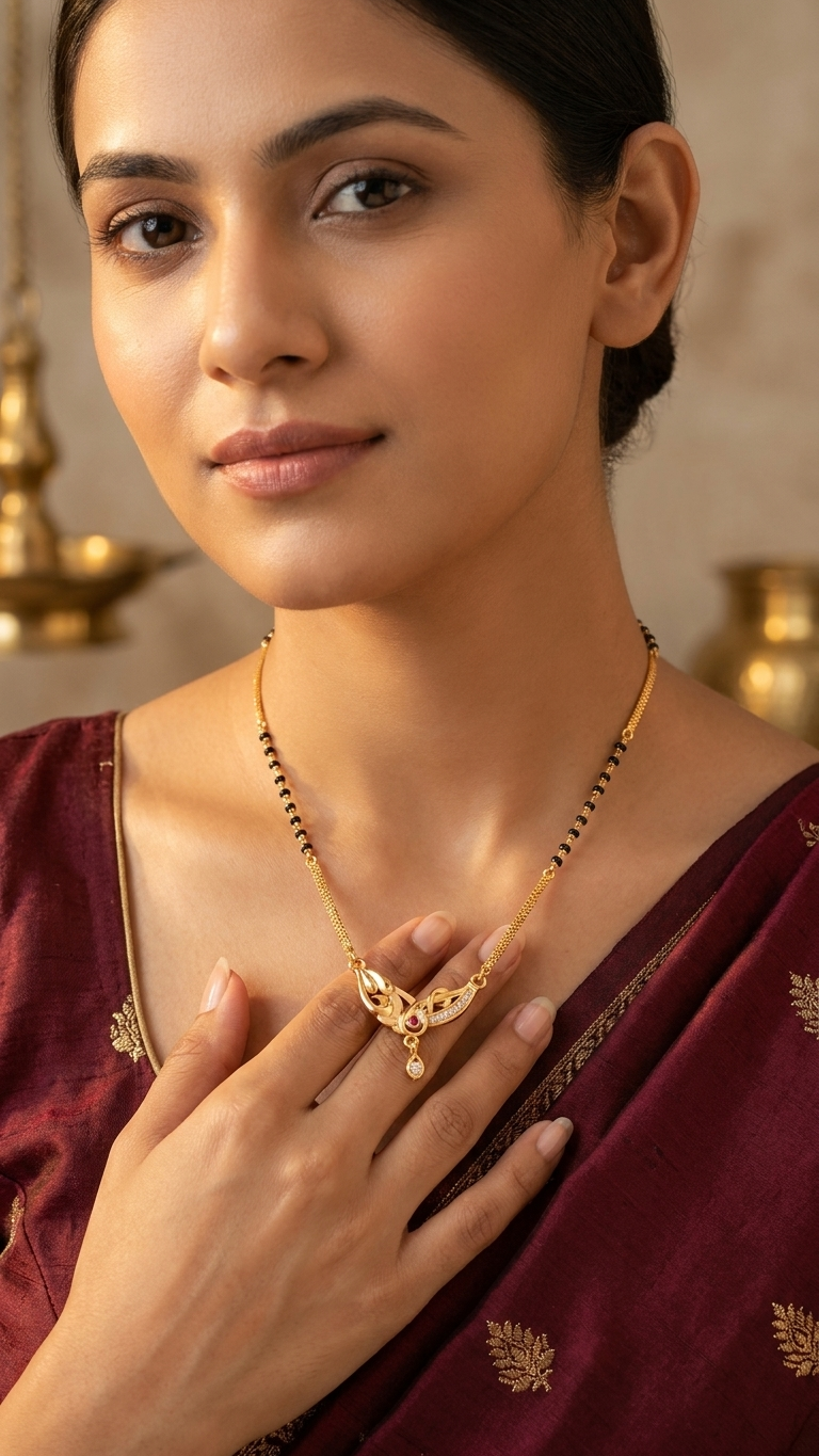 18 Inch Short Mangalsutra for Women | Gold Plated Designer Mangalsutra with Pink Stone Pendant & Black Beads | Stylish Daily Wear Mangalsutra – VIHAL ORNAMENTS