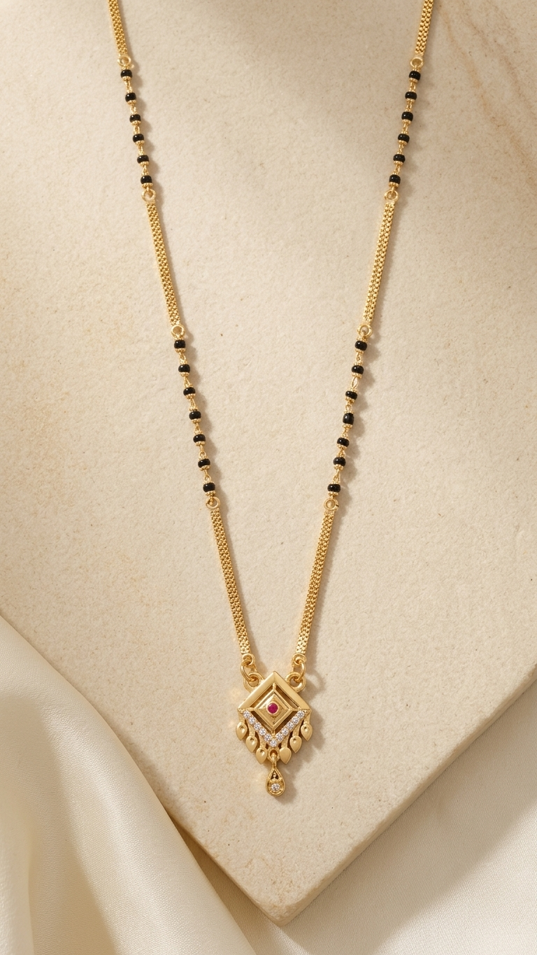 18 Inch Short Designer Mangalsutra for Women | Gold Plated Mangalsutra with Black Beads, Red Stone & CZ Pendant | Stylish Daily Wear – VIHAL ORNAMENTS