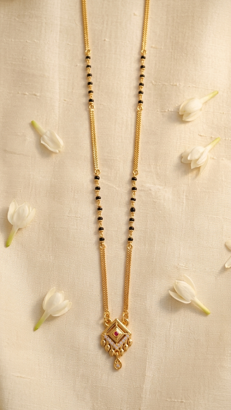18 Inch Short Designer Mangalsutra for Women | Gold Plated Mangalsutra with Black Beads, Red Stone & CZ Pendant | Stylish Daily Wear – VIHAL ORNAMENTS