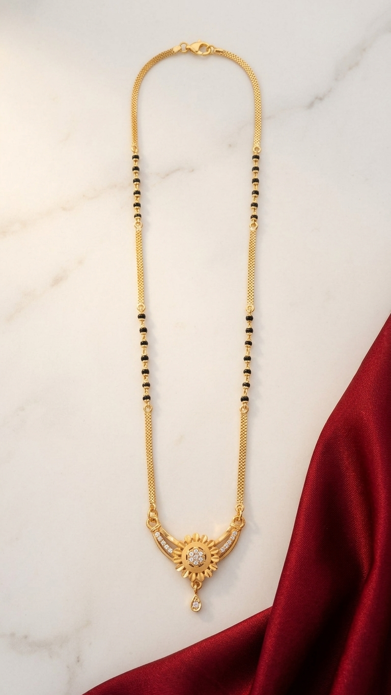 18 Inch Short Designer Mangalsutra for Women | Gold Plated Floral Pendant Mangalsutra with Black Beads | Stylish Daily Wear Mangalsutra – VIHAL ORNAMENTS