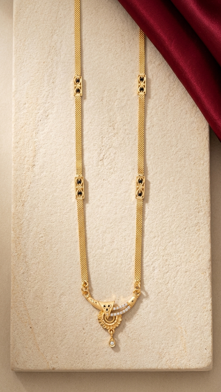 18 Inch Short Mangalsutra for Women | Gold Tone Black Beaded Designer Mangalsutra with Pendant | VIHAL ORNAMENTS