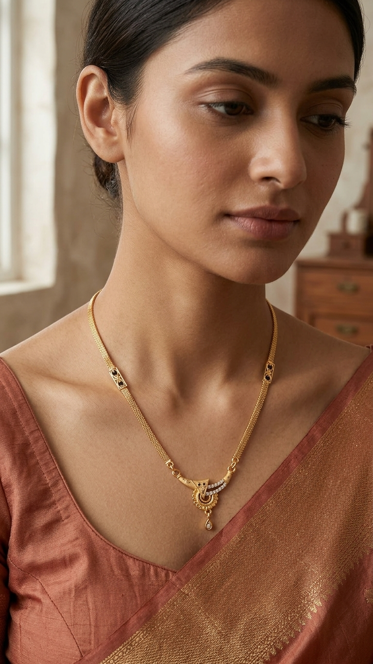 18 Inch Short Mangalsutra for Women | Gold Tone Black Beaded Designer Mangalsutra with Pendant | VIHAL ORNAMENTS