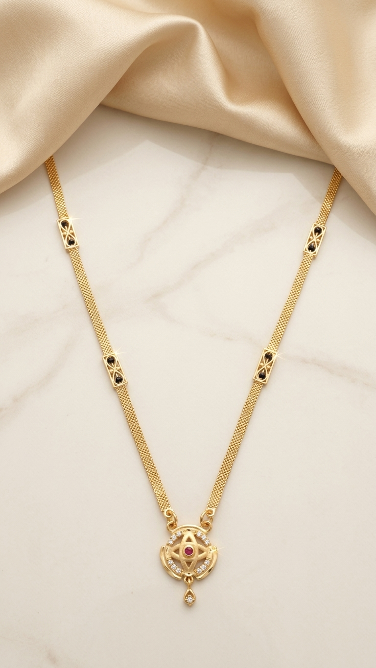18 Inch Short Mangalsutra for Women | Designer Gold Tone Black Bead Mangalsutra with Elegant Pendant | VIHAL ORNAMENTS