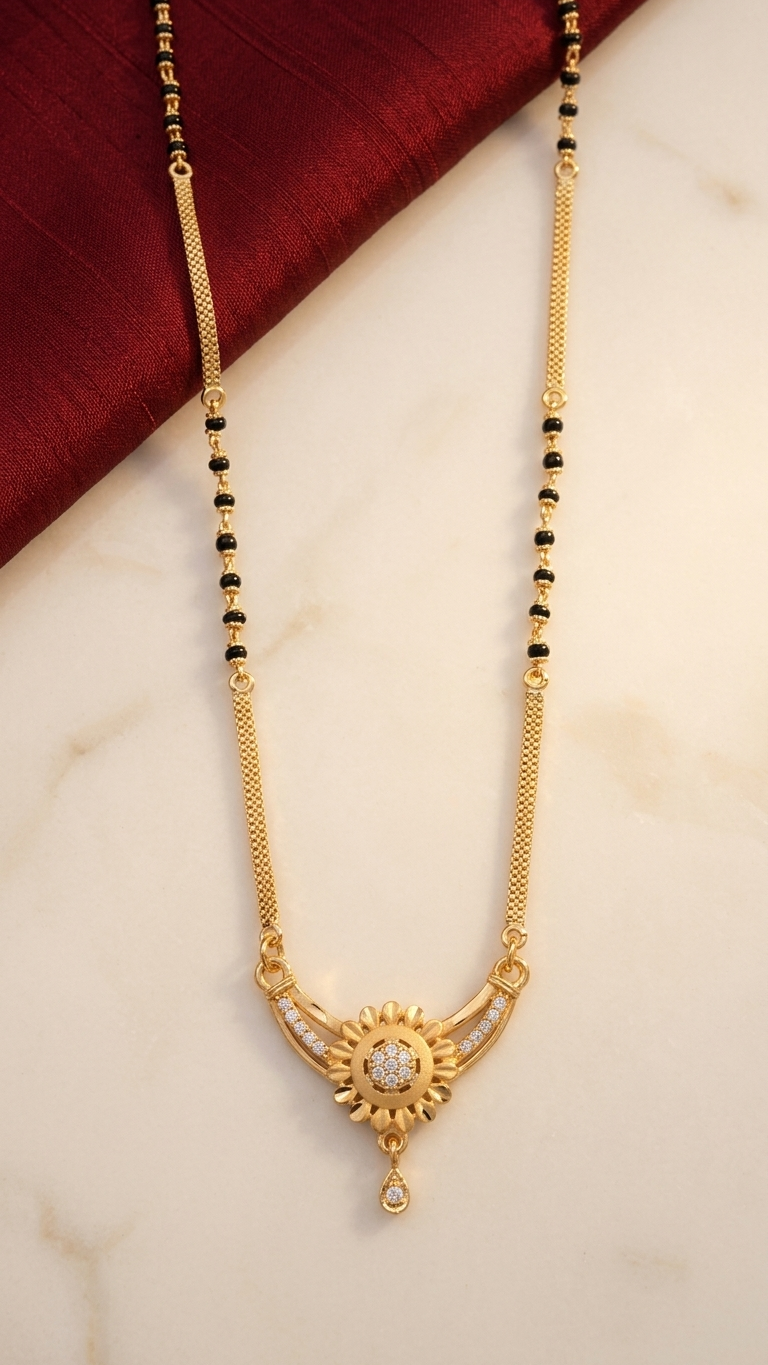 18 Inch Short Designer Mangalsutra for Women | Gold Plated Floral Pendant Mangalsutra with Black Beads | Stylish Daily Wear Mangalsutra – VIHAL ORNAMENTS