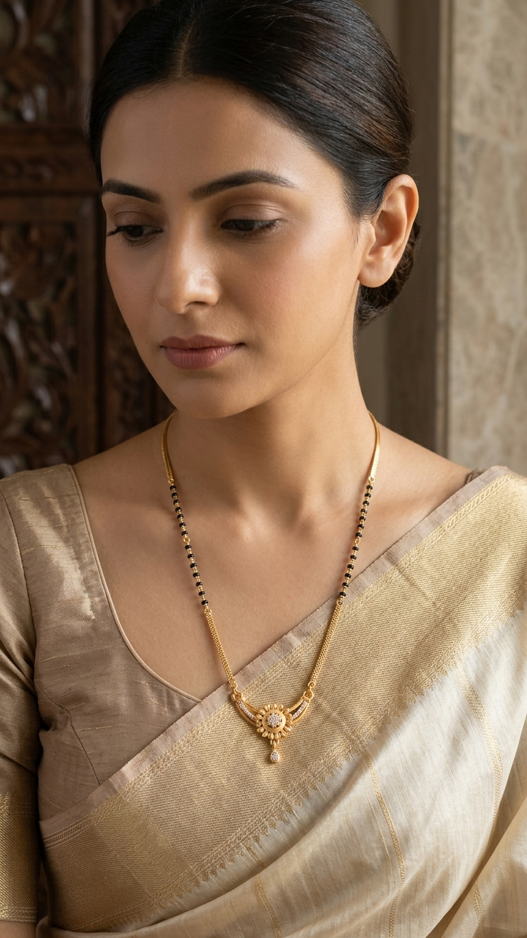18 Inch Short Designer Mangalsutra for Women | Gold Plated Floral Pendant Mangalsutra with Black Beads | Stylish Daily Wear Mangalsutra – VIHAL ORNAMENTS