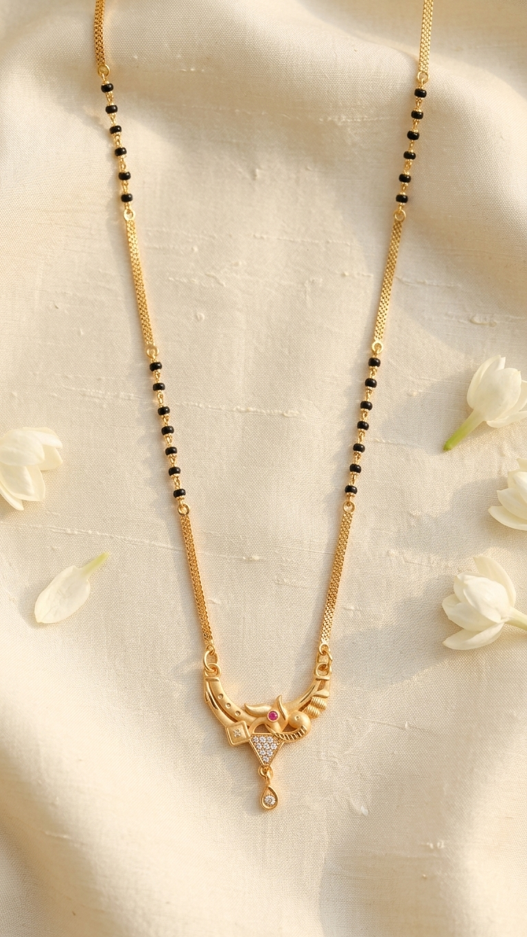 18 Inch Short Designer Mangalsutra for Women | Gold Plated Mangalsutra with Black Beads, Pink Stone & CZ Pendant | Stylish Daily Wear – VIHAL ORNAMENTS
