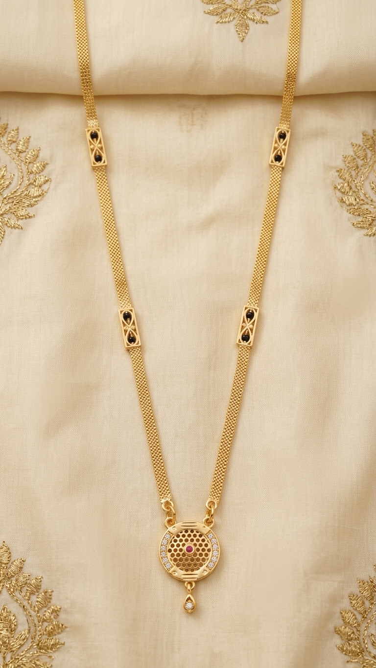 18 Inch Short Gold Mangalsutra with Circular Lattice Pendant | Vihal Ornaments