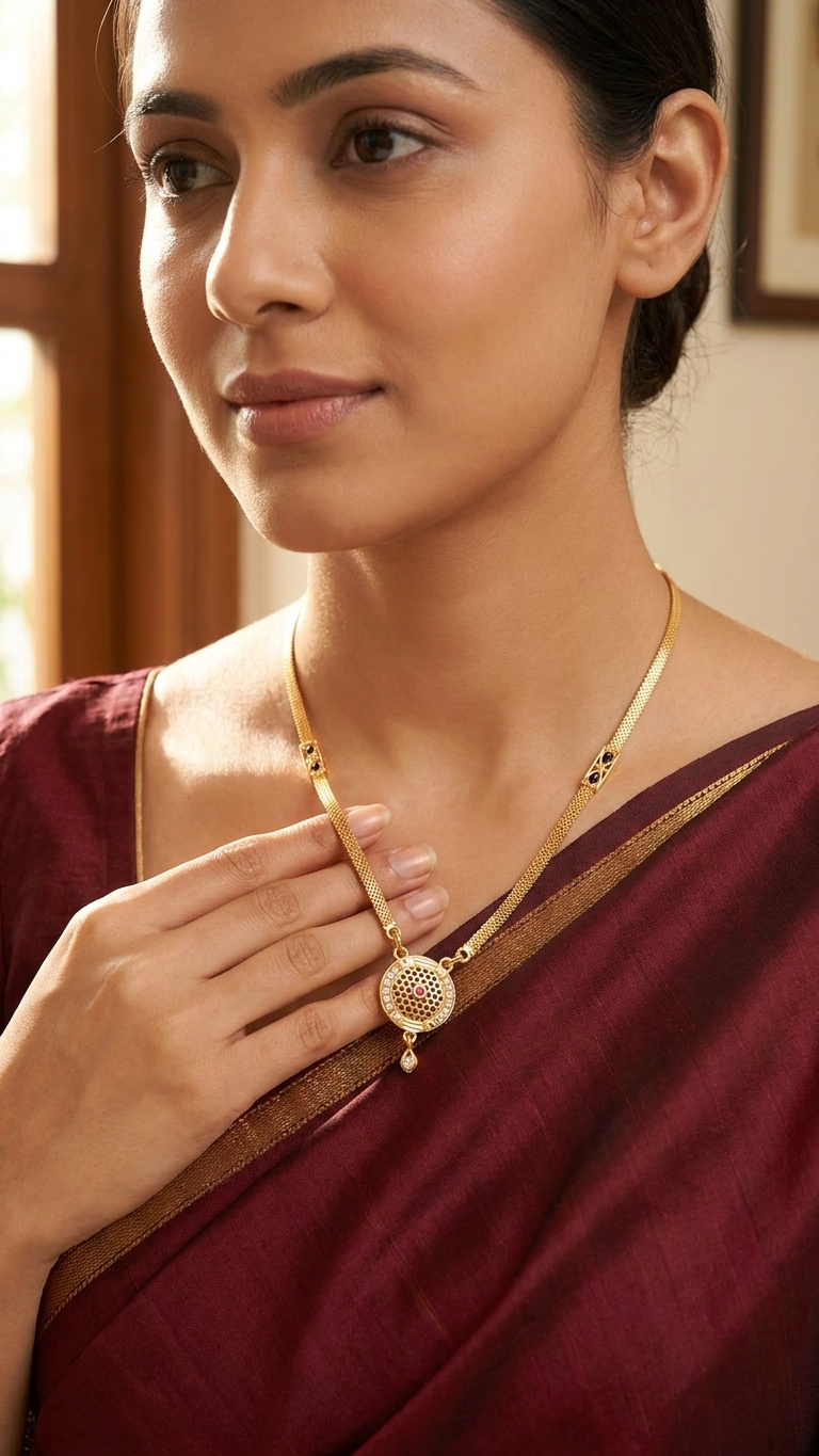 18 Inch Short Gold Mangalsutra with Circular Lattice Pendant | Vihal Ornaments