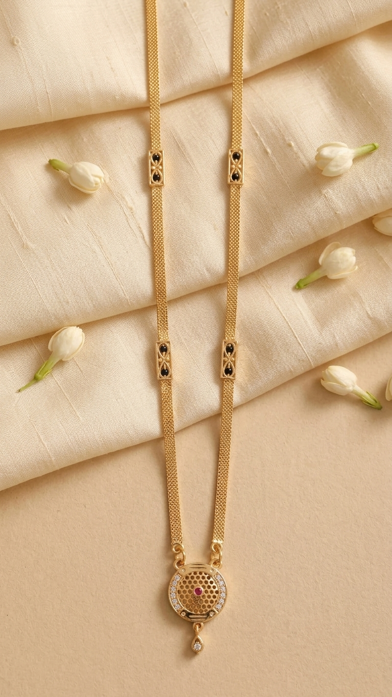 18 Inch Short Gold Mangalsutra with Circular Lattice Pendant | Vihal Ornaments