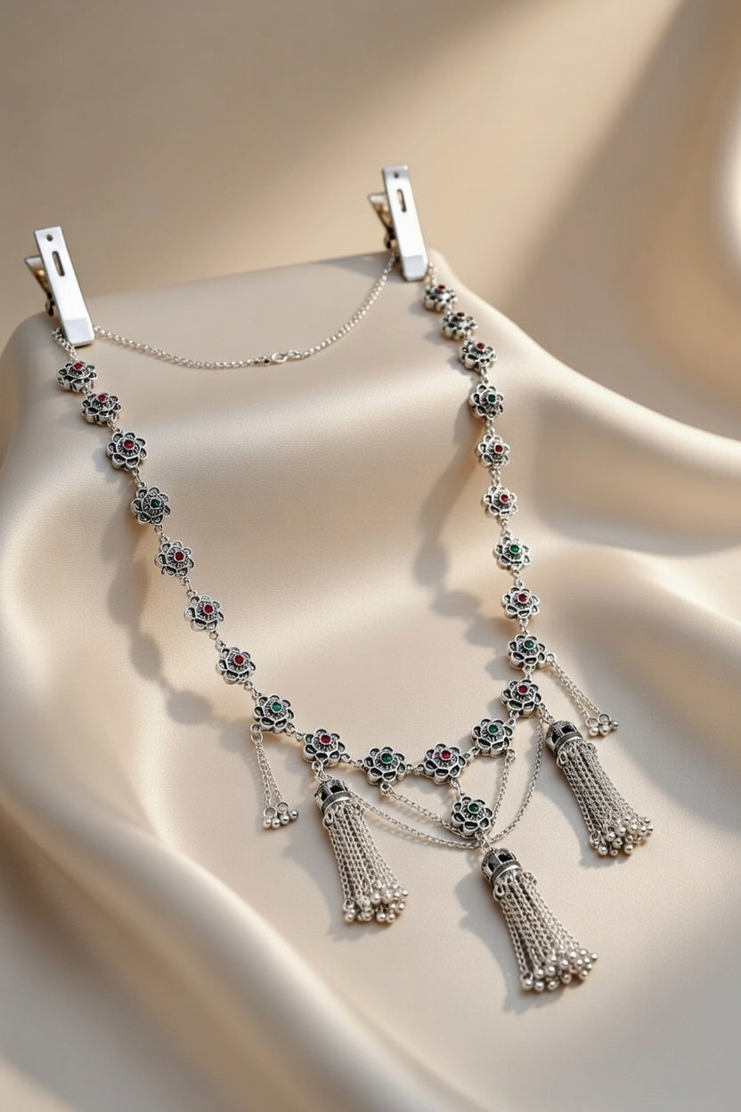 Oxidized Silver Floral Kamarband with Multi-Color Stone Accents