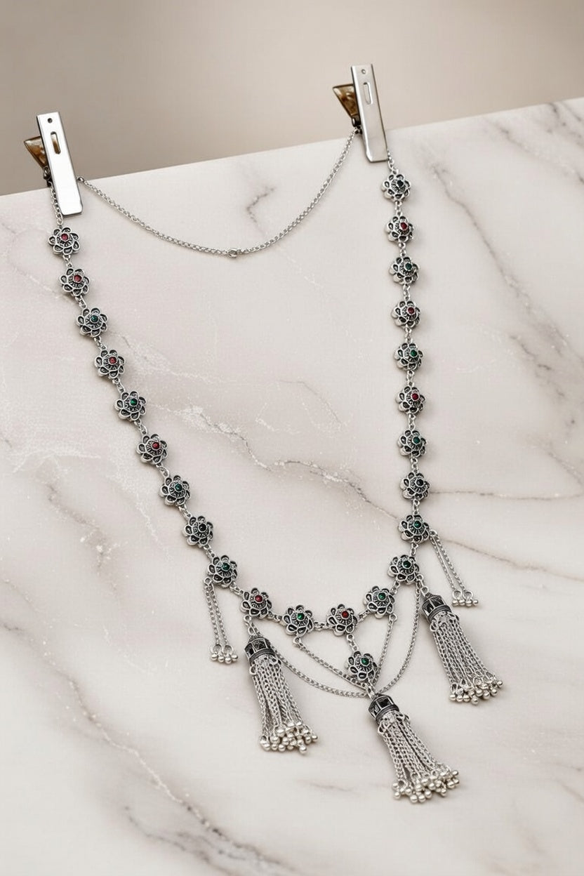 Oxidized Silver Floral Kamarband with Multi-Color Stone Accents