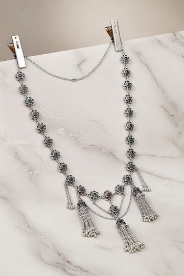 Oxidized Silver Floral Kamarband with Multi-Color Stone Accents