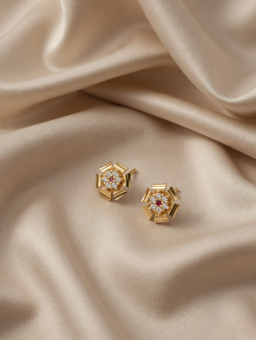 22Kt Gold Plated Floral Stud Earrings for Women | Elegant Daily Wear Earrings | VIHAL Ornaments